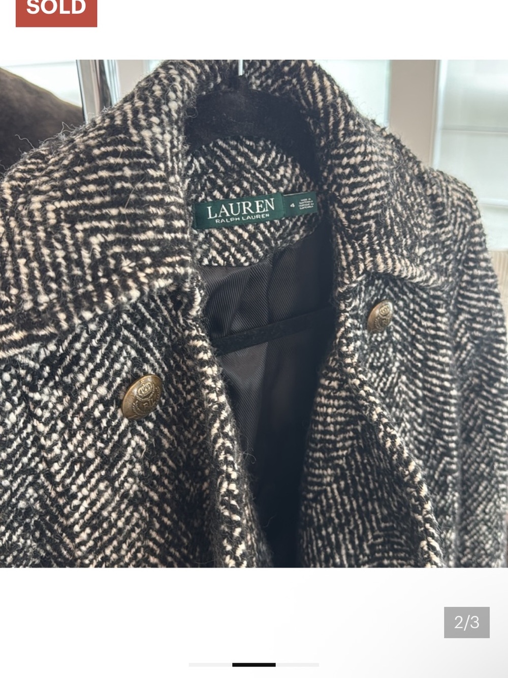 Ralph Lauren Black and White Herringbone Wool Double-Breasted Coat - Picture 9 of 11